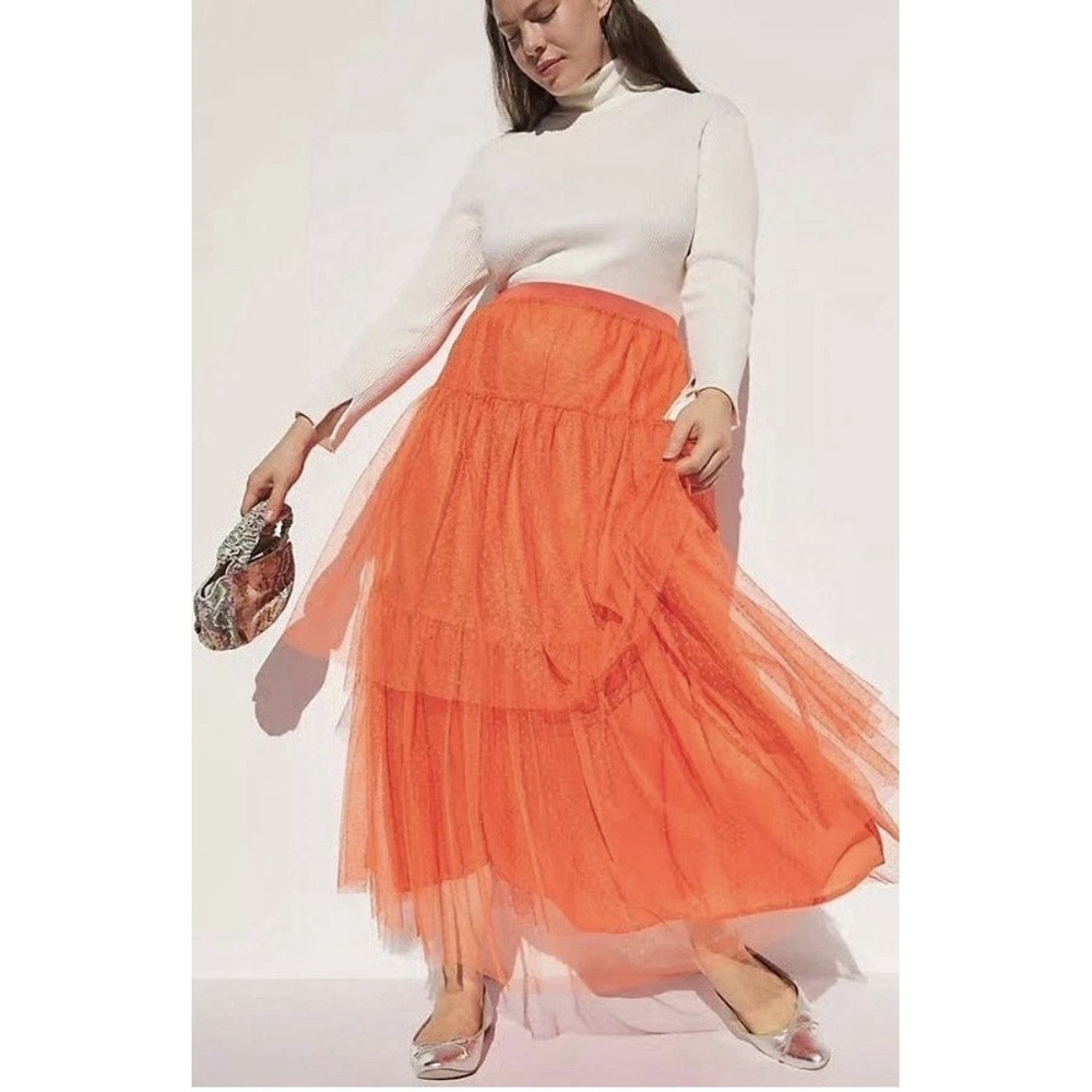 Anthropologie Evelyn In Orange Layered Tulle Midi Skirt Size S